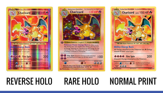 Pokémon Charizard first edition featuring their holo, reverse holo and normal Pokémon cards