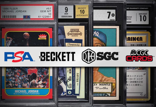 PSA, Beckett, SGC, and CGC graded trading cards featuring iconic examples like Michael Jordan and Mickey Mantle.