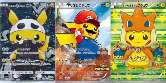 Pokémon cards featuring Pikachu combined with Mario Bross