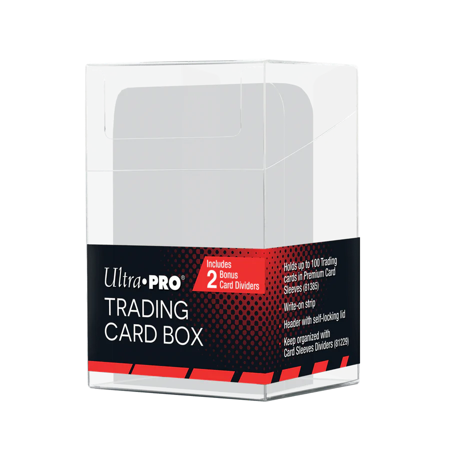 Clear Ultra PRO Trading Card Storage Box with two white card dividers, designed to hold up to 100 sleeved trading cards, displayed on a white background